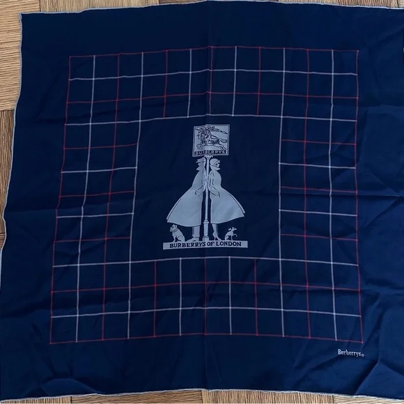 Vintage Burberrys of London Silk Scarf Navy Plaid Equestrian Logo Square - Picture 2 of 6